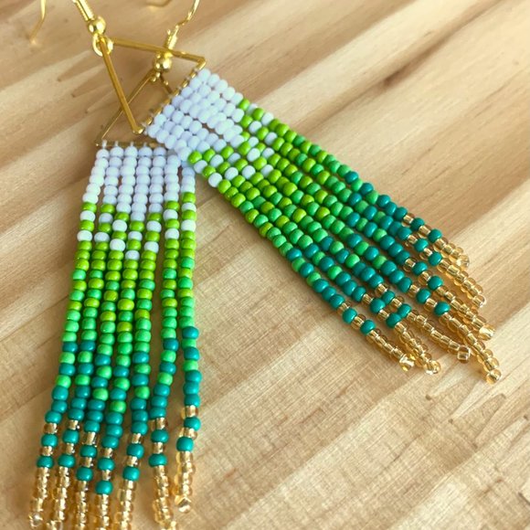 Gradient Colors Gold Triangle Body Hand Beaded Seed Bead Tassel Dangle Earrings - Picture 10 of 15